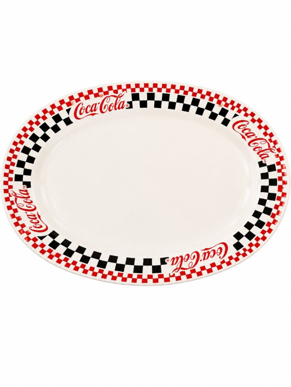 Vintage 1996 Coca-Cola Gibson Oval Serving Platter Red Black Checkerboard 13.5"